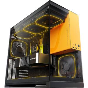 M5 Tempered Glass Mid Tower, E-ATX/ATX Gaming Case, 1.2mm Steel, Type C, Toolless Panels, Support 420/360 Radiator, ARGB PWM 140m Fan x 5 Pre-Installed, Black/Yellow, GEO-M5F-BY