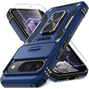 DEERLAMN Case for Google Pixel 9/9 Pro with Slide Camera Cover+Screen Protector(1 Pack), Rotated Ring Kickstand Military Grade Shockproof Protective Cover-Navy Blue