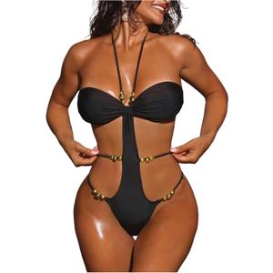 OYOANGLE Women's One Piece Swimsuit Halter Sexy Backless Cheeky Monokini Bathing Suit Cutout Swim Suit (Large, Black)