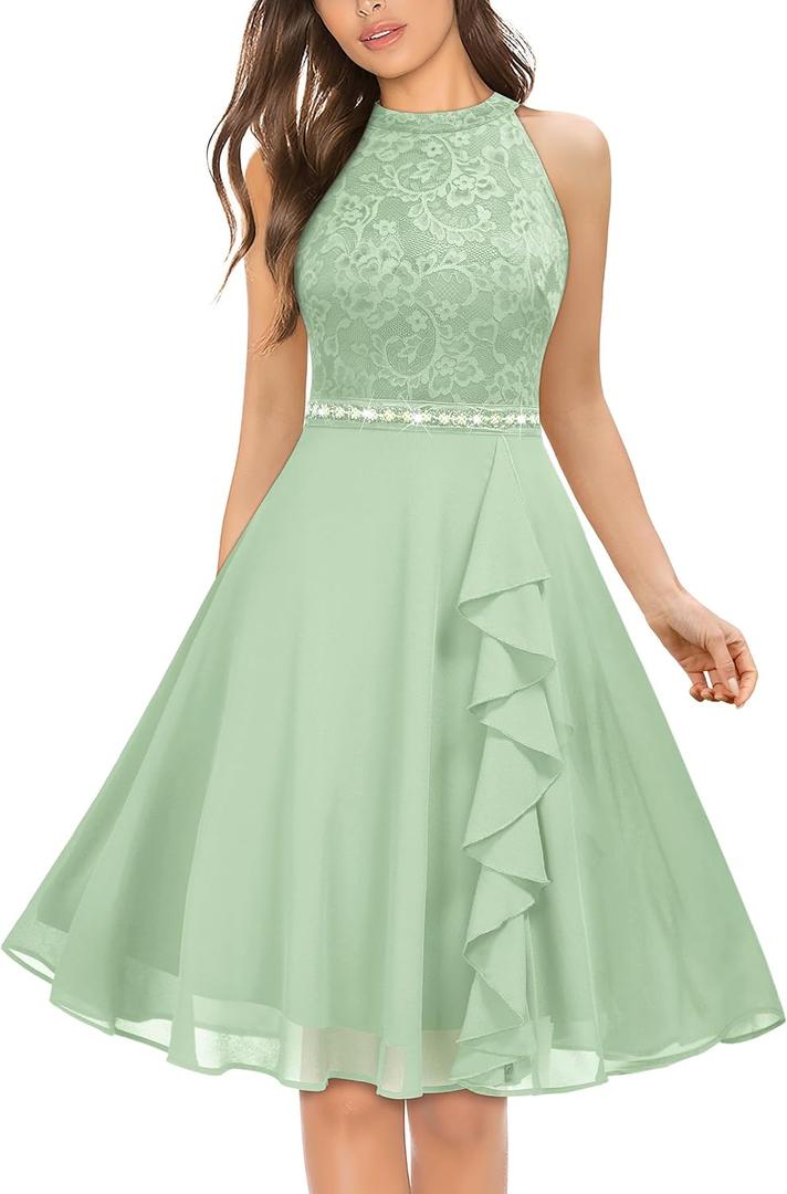 Miusol Women's Halter Neck Lace Ruffle Vintage Cocktail Party A-Line Bridesmaid Dress, Large