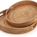 Coffee Table Tray Round Rattan Ottoman Tray Woven Serving Trays with Handles for Home and Kitchen Decorative Natural (Large 16.9 inch)
