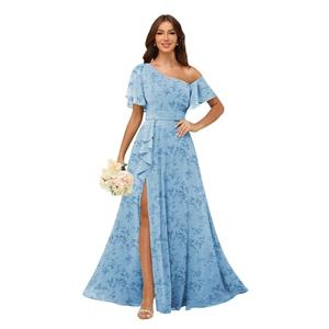 Chiffon Bridesmaid Dresses for Women Floral One Shoulder Ruffle Formal Evening Gown with Pockets Floral Blue Size 14