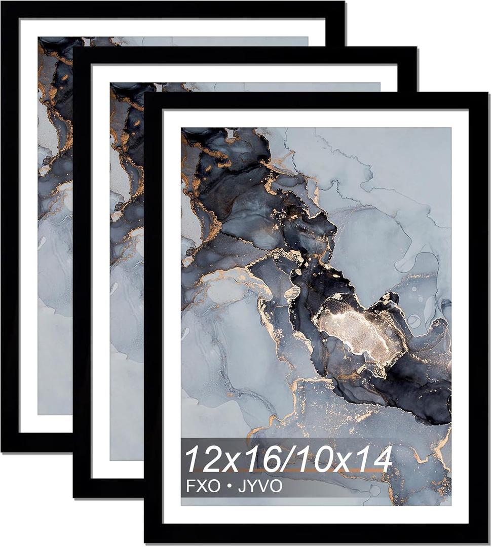 Fxojyvo Black 12x16 Frame Set of 3, Display Picture 10 x 14 with Mat or 12 x 16 Without Mat, Wall Hanging Large Picture Frame for Diamond Art Painting 30cmx40cm - 3 Packs