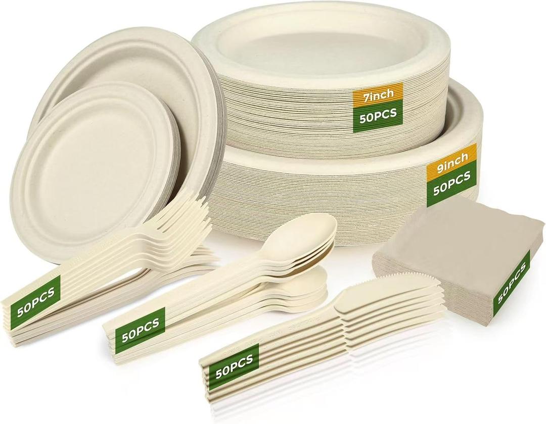 300 Pack Paper Plates Set Party Supplies Severs 50 Guests Disposable Party Plates Sugarcane Forks Knives Spoons Heavy-Duty Paper Plate Bagasse Natural Compostable Eco-Friendly Birthday Wedding