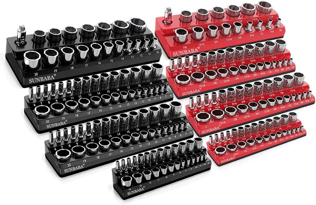 SUNBABA 8-Piece Magnetic Socket Organizer Set,1/2", 1/4" and 3/8" SAE & Metric Deep & Shallow Socket Holder Kit, Socket Trays, holds 197Pcs Sockets (sockets not included)