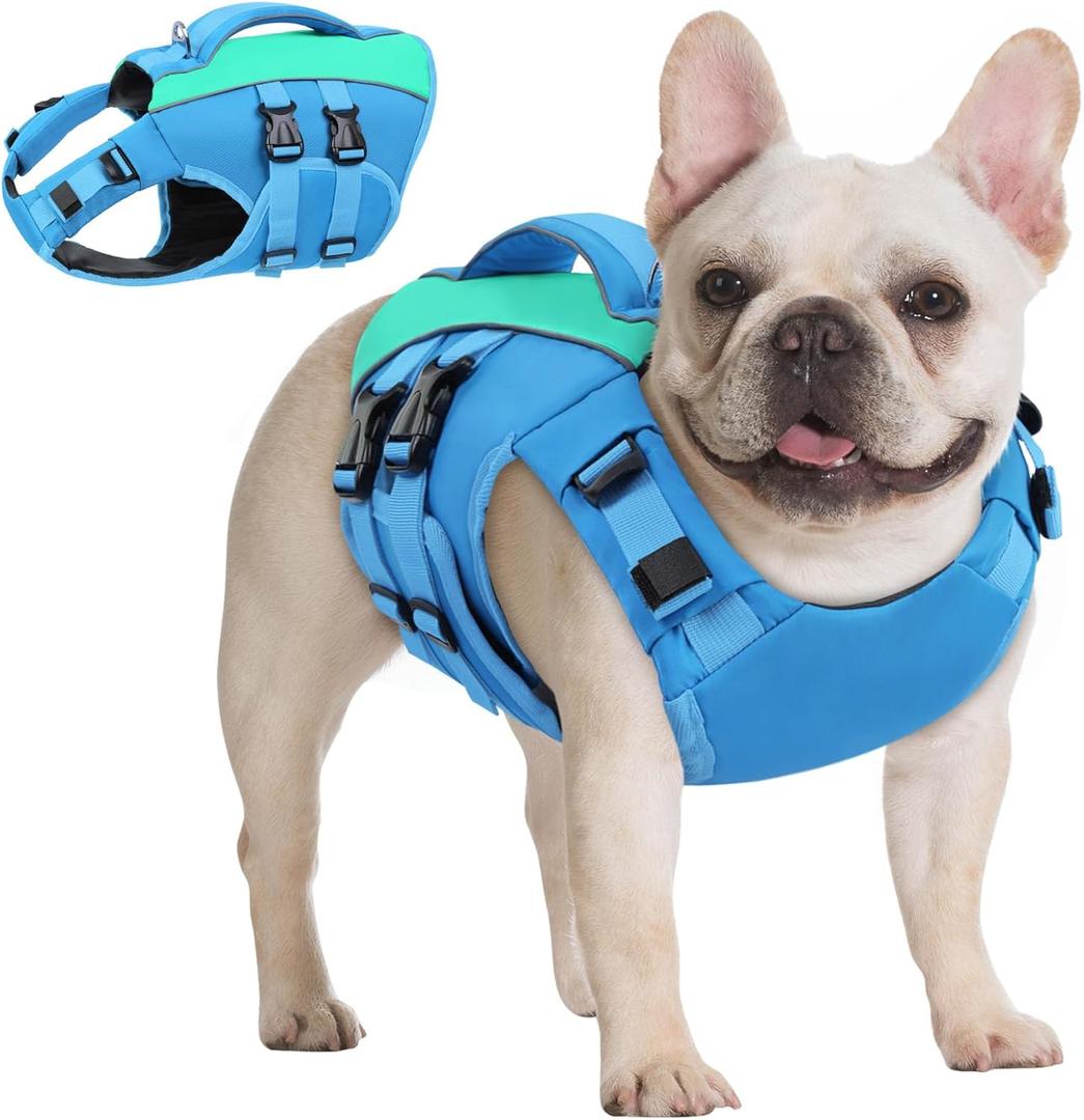 Queenmore XS Dog Life Jacket,Reflective Small Dog Life Vest for Swimming BoatingAdjustable Pet Life Vest for Extra Small Dogs with High Buoyancy,Safety Dog Swimming Vest with Handle(Blue,XS)