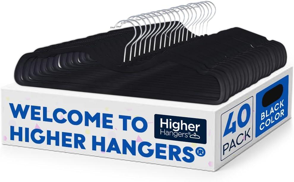 Higher Hangers Slim Black (Non-Velvet) Short Neck Vertical-Space-Saving Clothes Hangers, 40-Pack, Reduce Wrinkles & Max Closet Space in Home, Apartment, Dorm, RV, Boat, Yacht, 17 inches wide x 6 inches tall x 1/4 inch thick