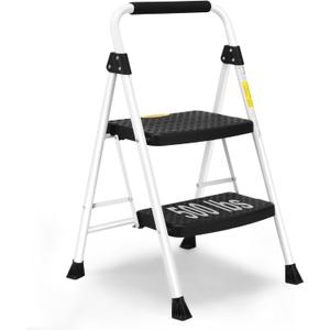 SocTone 2 Step Ladder, Folding Step Stool for Adults with Handle, Lightweight, Perfect for Kitchen& Household, 500lbs Capacity Sturdy Steel Ladder, White