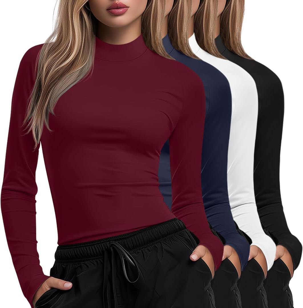 4 Pack Women's Long Sleeve Underscrub Shirt Mock Neck Slim Fit Tops Lightweight Thermal Base Layer Scrubs Undershirts (Medium, Black, White, Navy Blue, Wine Red)