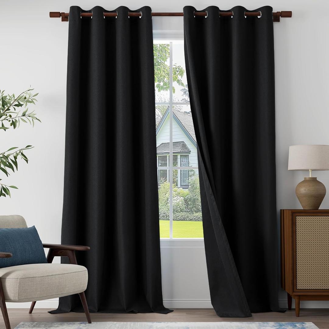 100% Blackout Linen Textured Curtains 108 Inch Length 2 Panels Set for Living Room, Bedroom, Light Weight Curtains with Grommets Top, Full Blackout Curtains Privacy Protection, Black, 52" W x 108" L