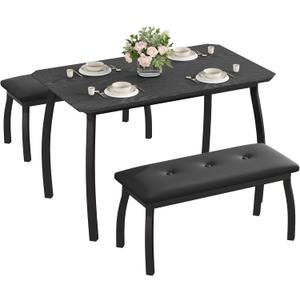 Dining Table for 4, 3-Piece Kitchen Table Set for 4 with Wooden Tabletop and Metal Frame, Industrial Kitchen Table with 2 PU Leather Benches for Bar, Dining Room, Restaurant(43''x28''x30''), Black