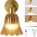 FULEN Vintage Battery Operated Wall Sconce with Amber Tulip Glass Lampshade Wireless 10000mAh Rechargeable Battery Powered Wall Light with Remote Control for Bedside Bedroom Livingroom Doorway