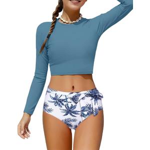 Girls Rash Guard Swimsuits 2 Piece Solid Color Long Sleeve Swimsuit and Print Bathing Suit Girls' Swimwear, Size: 13-14 Years