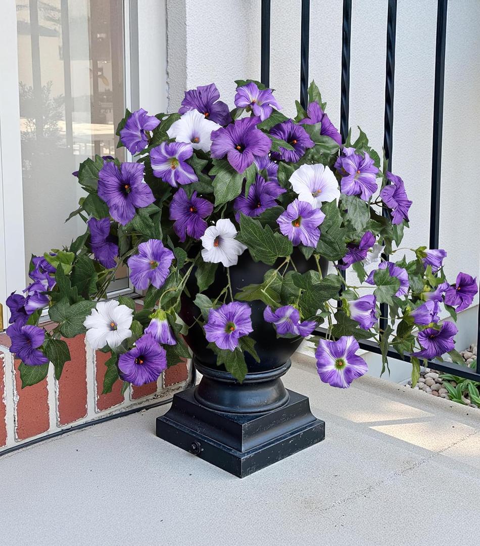 HyeFlora Artificial Flowers for Outdoors 2PCS Spring Faux Morning Glory Look Real Silk Flowers for Outside Planter UV Resistant Fake Flowers for Home Garden Balcony Yard Porch Deco Purple