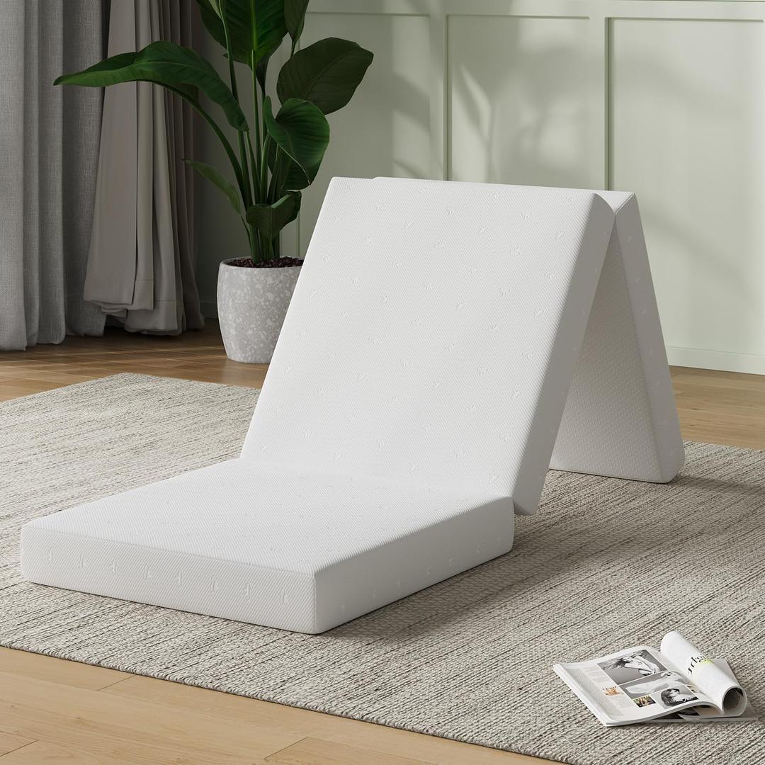 Novilla Foldable Mattress, Single Size Comfort Foam Trifold Mattress with Cloud Design Cover, 4 Inch Folding Mattress for Back Pain Relief, Suitable for Camping, RV Travel (White)