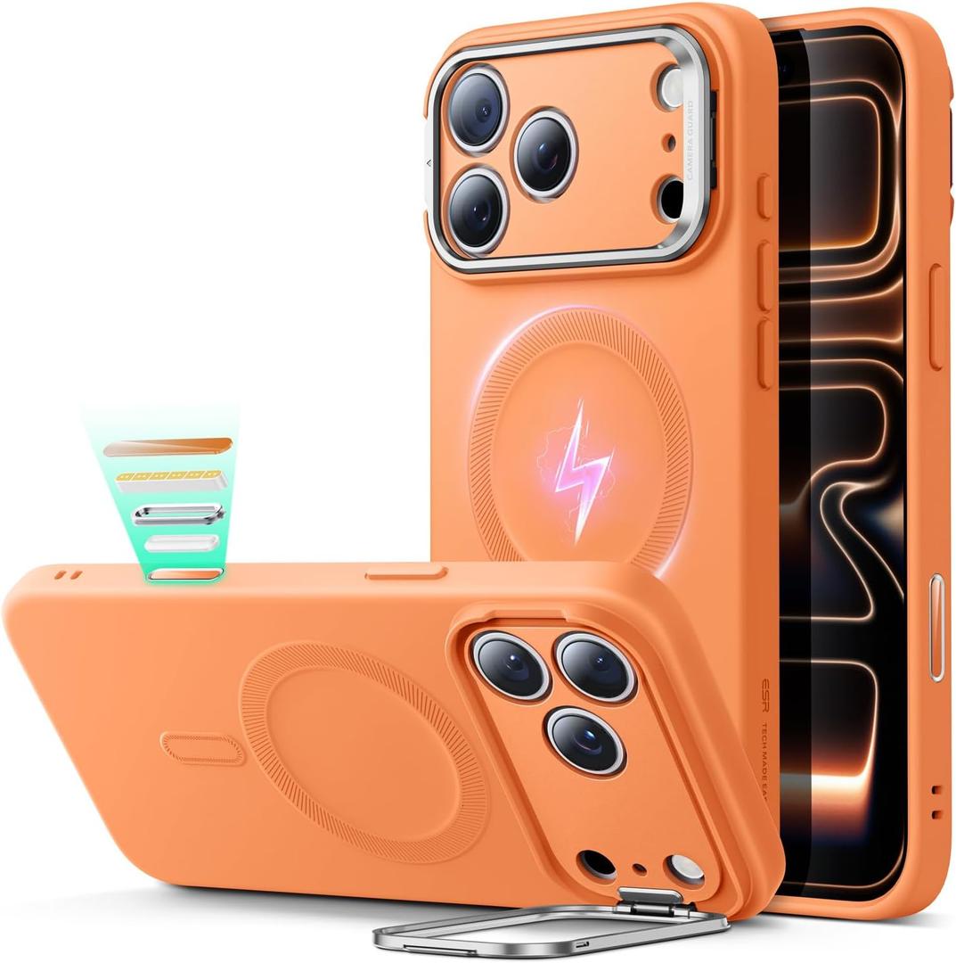 ESR Silicone Case for iPhone 17 Pro Max, Built-in Camera Stash Stand Compatible with MagSafe, Military-Grade Drop Protection Magnetic Phone Case for iPhone 17 Pro Max, Cloud Series, Orange
