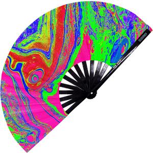 SoJourner Bags Rave Fan - Large Folding Fan - Clack Fan Hand Fan for Raves, Halloween, Burlesque, Rainbow Outfits for Women & Festival Accessories (Psychedelic 1)