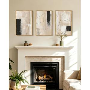 KUVIOKE Abstract Framed Wall Art Minimalist Beige Pastel Watercolor Neutral Wall Decor Modern Black Line Art Painting Home Decor 16x24in (Natural Framed)
