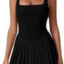 QINSEN Womens Square Neck Tennis Dress Pleated Sleeveless Built in Shorts Golf Athletic Dress with Pockets (Black, Small)