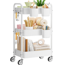 ALVOROG 3 Tier Rolling Cart with DIY Pegboards Metal Utility Cart with Wheels Handles Baskets Hooks, Storage Cart for Office Kitchen Bathroom(White)