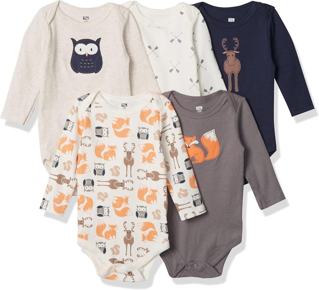 Hudson Baby baby-boys Cotton Long-sleeve Bodysuits 5-pack (3-6 Months, Gray Forest)