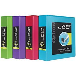 Oxford 2 Inch Binders, 4 Pack, 3 Ring Binder, ONE-Touch Easy Open D-Rings, Holds 530 Sheets, Non-Stick, PVC-Free, Three Ring Binders for Organization and Presentations, Assorted Colors