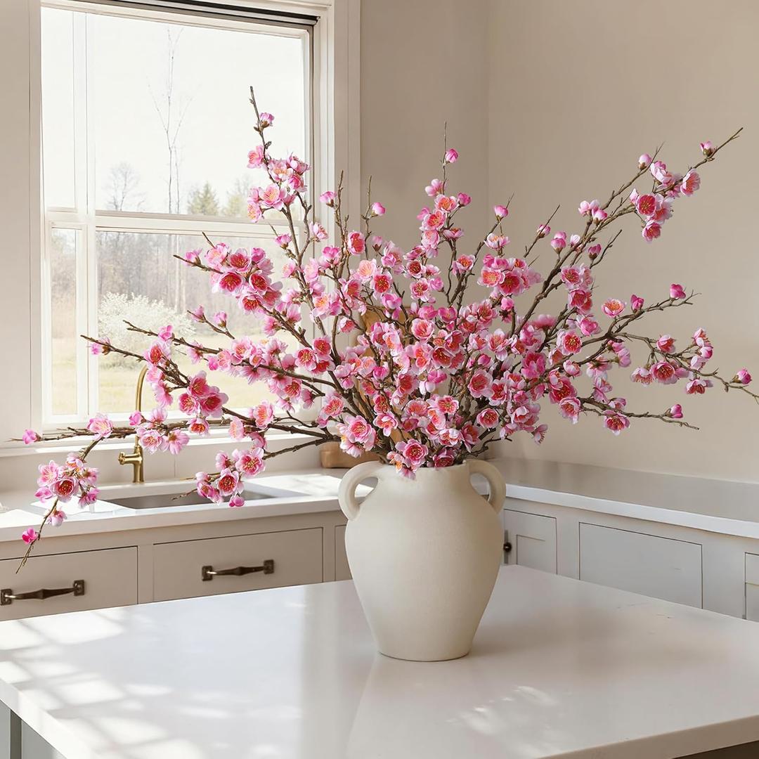 florisso 6 PCS Artificial Cherry Blossom Branches Spring Indoor Decoration, Faux Flowers 34.45" Long Stems Plum Fake Peach Plants Real Touch Silk for Wedding Home Bedroom Party Table Office, Pink
