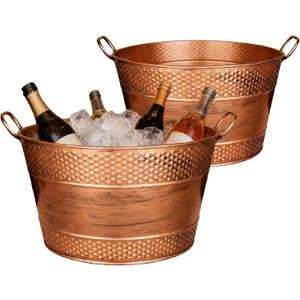 Beverage Tub Ice Bucket for Party, Thick Metal Galvanized Tub Drink Buckets, Beverage Bucket with Handles, Drink Bucket for Indoor & Outdoor Parties (2PCS Copper)