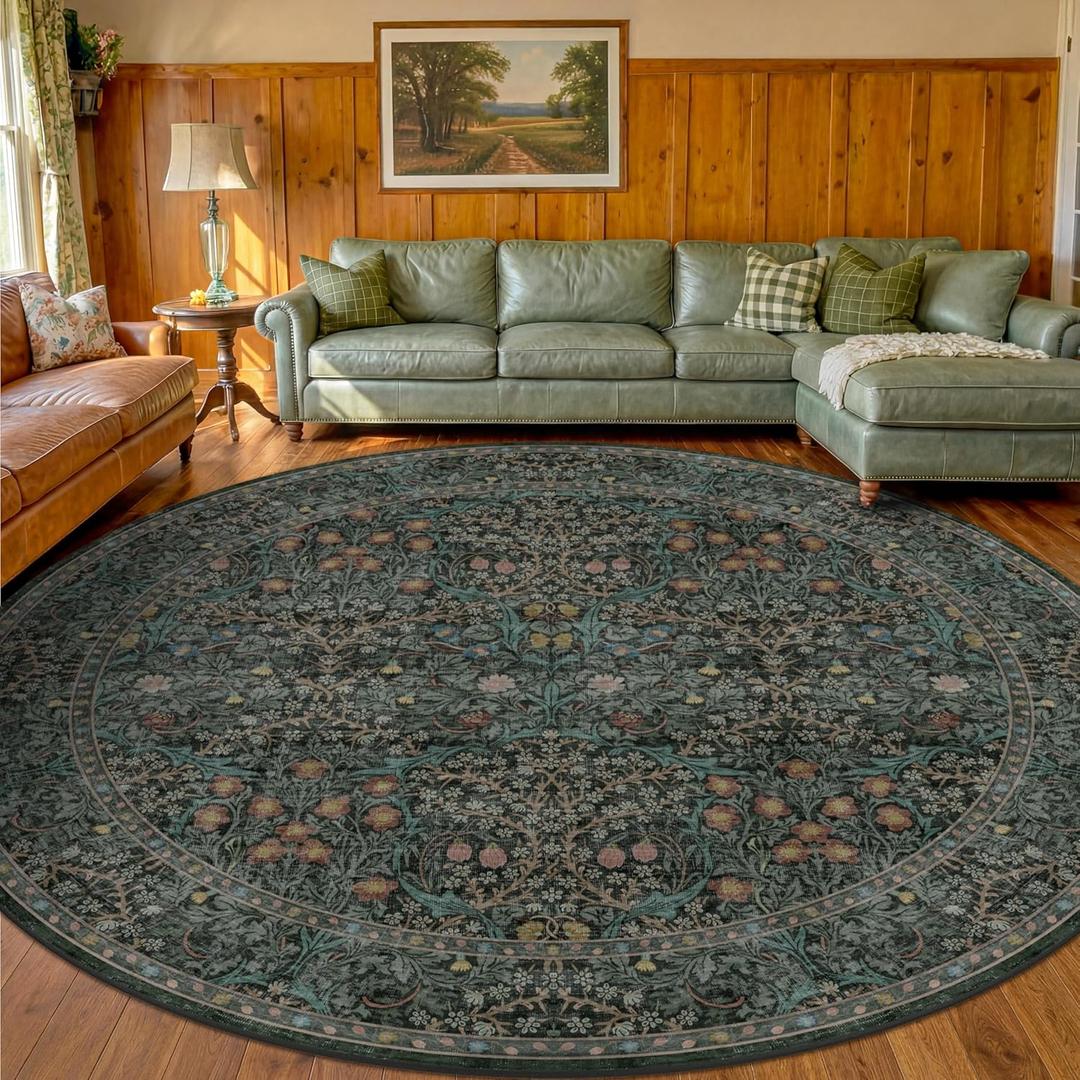Vintage10ft Round Rug for Living Room, Washable Large Soft Area Rugs for Bedroom, Dining Room Under Table Non Slip, Dark Green Boho Circle Floral Big Carpet Indoor Dcor, Low Pile Stain Resistant