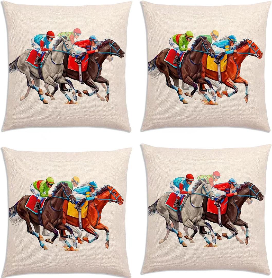 Kentucky Derby Throw Pillow Cover Run for The Roses Jockey Horse Racing Themed Party Decoration for Couch Sofa 18x18 Inch -Pack of 4