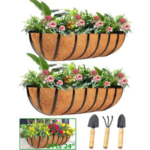 LCHUANG Railing Planter Window Box - 2 Pack 24 Inch Deck Balcony Rail Planter with Coconut Coir Liner, Fence Metal Hanging Flower Basket Deck Railing Planter Boxes for Outdoor Garden