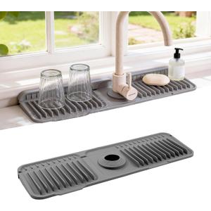 ZJWZLG Faucet Mat for Kitchen Sink, 17.7"X5.5" Silicone Sink Splash Guard with Soap Holder, Snap-On Design & 7°slope Fast Drain, Folding Sink Faucet Mat for Universal Kitchen Bathroom Sink（Grey）