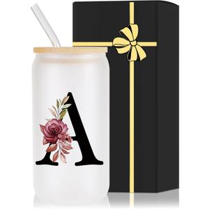 Monogrammed Glass Drinking Cup With Bamboo Lid StrawCustomized Iced Coffee Tumbler 16oz Clear Mason Jar Beer Water Smoothie Cocktail Accessories Cool Cute Mug Gift Vasos De Vidrio Con Tapa Popote,A