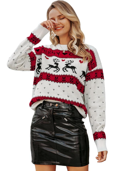 Amegoya Women's Funny Ugly Christmas Knitted Sweaters Crewneck Cute Reindeer Sweater Pullover for Holiday Party. Size M
