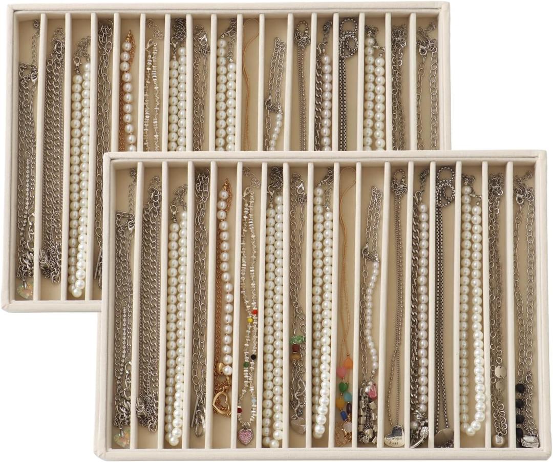 Large Velvet Jewelry Tray 2 Pack Stackable Jewelry Display Drawer Inserts Trays Organizer for Earring Bracelet Necklace Ring (Beige, 16 Grids)