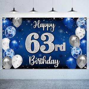 Happy 63rd Birthday Decorations,63rd Blue & Silver Balloon Large Birthday Banner Backdrop Sign,Cheers to 63 Years Old Bday Party Supplies.