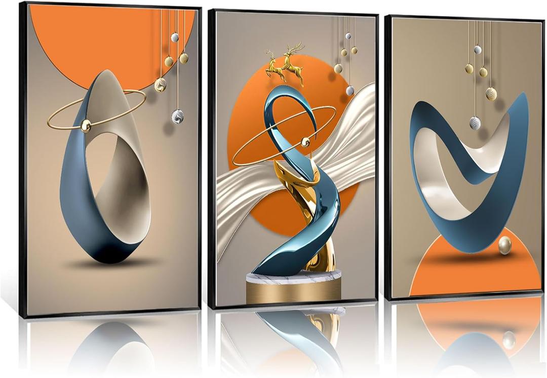 3 Pcs Modern Abstract Canvas Wall art Golden Deer Luxury Foil Lines Paintings Pictures Wall Decor White Blue orange color Grey posters Prints for Living Room Bedroom Office Home Decoration Unframed
