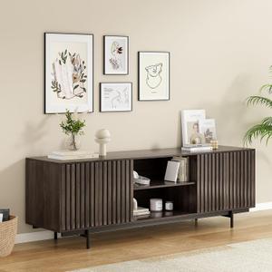 Soohow Mid Century Modern TV Stand for TVs Up to 75", Farmhouse Fluted TV Stand, Retro Wood TV Stand with Storage and Shelf, Entertainment Center with Pop-Up Doors for Living Room, Bedroom, Walnut