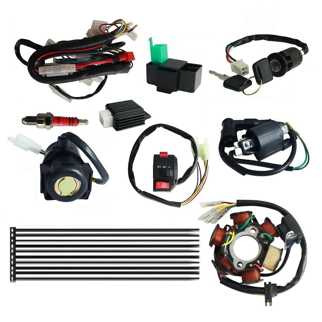 Complete Electrics Wiring Harness Coil Stator Solenoid Relay CDI Spark Plug for 49cc 50cc 70cc 90cc 110cc 125cc ATV Dune Buggy Go Kart 4 Wheeler Dirt Pit Bike Quad Moped Engine