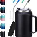32 oz Insulated Coffee Mug Tumbler - w/ Handle, 2-in-1 Straw & Chug Lid, Silicone Boot, Double Wall Vacuum Insulated Tumblers Cups 32oz, Leak Proof Stainless Steel Water Bottle Work Home Travel Mugs (Black)