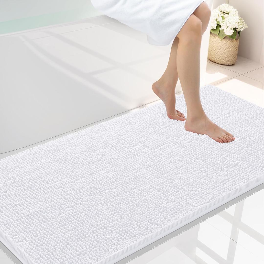 Smiry Luxury Chenille Bathroom Rugs 47x24, Extra Soft and Absorbent Shaggy Bath Mat, Machine Washable, Non-Slip Plush Carpet Runner for Tub, Shower, and Floor, Home Decor Accessories, White