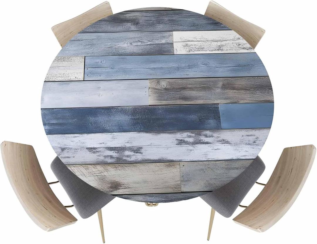 Fitted Tablecloth for Round Table, Vintage Blue Wood Grain Table Cover with Elastic Edge Waterproof Table Cloth, Farmhouse Abstract Brown Wooden Circle Table Covers for Kitchen Outdoor Picnic Party (Blue White Slategray), 44" (Round)