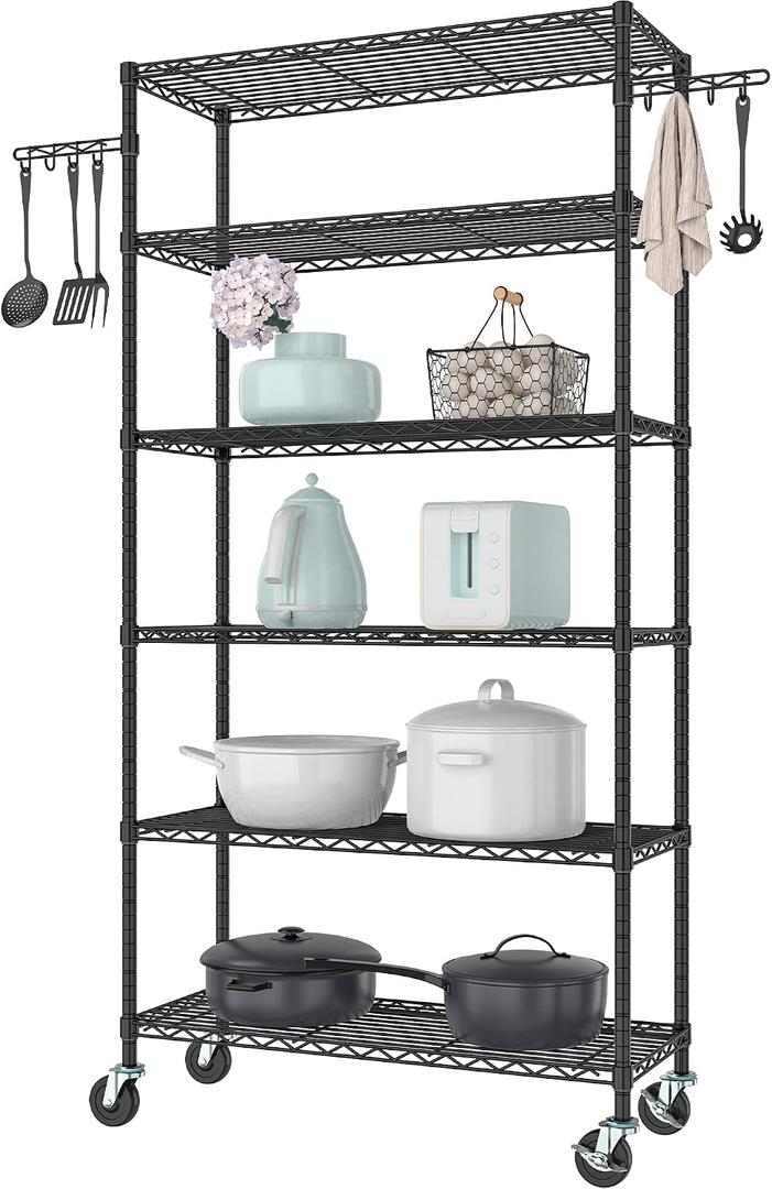 Folews 6-Tier Metal Storage Rack with Wheels, NSF Sturdy Adjustable Wire Shelving Unit for Garage Kitchen Pantry Laundry Room, 36" W x 14" D x 75" H Large Rolling Organizer Shelf Easy Assembly, Black