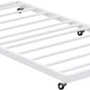 Twin Trundle Bed Frame with Metal Slats, Roll-Out Design, Easy Assembly Steel Frame with Lockable Wheels, Noiseless Pull Out Bed for Bedroom, Living Room or Guest Room, White