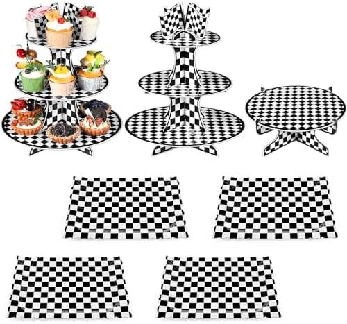 Zopeal 7 Pieces Racing Car Theme Cupcake Stand Set 3-Tier Cardboard Cupcake Display 1-Tier Cake Stand Round Dessert Display Rectangle Serving Tray Reusable Platters for Birthday Party