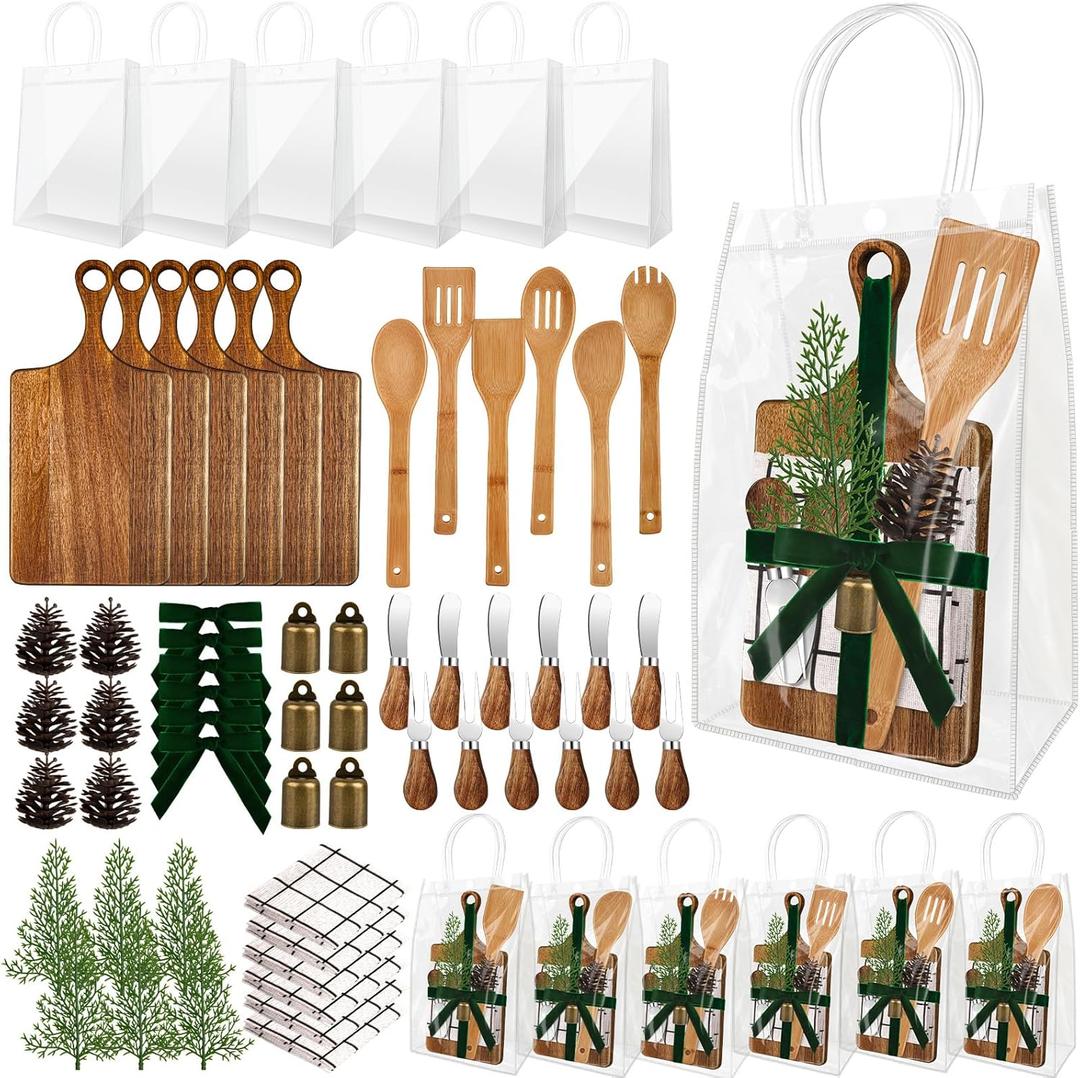6 Set Christmas Gift Kitchen Utensils Set Acacia Spatula Mini Cheese Board Pine Cones for Christmas Kitchen Holiday Gift Party Decor (Hoilday Country)