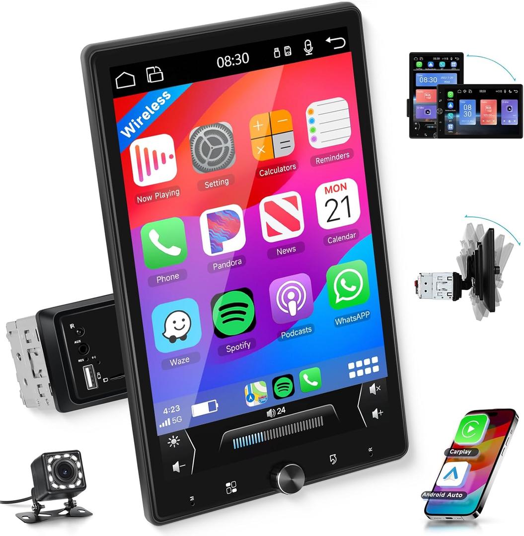 10.4“ Wireless CarPlay Stereo Single Din Car Radio, 2025 Upgraded Rotatable HD IPS Touch Screen, Wireless Android Auto Car Play Screen Bluetooth RDS/ FM EQ SWC USB/ TF Backup Camera