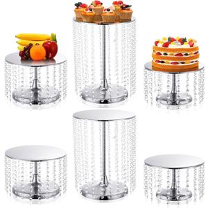 Set of 6 Metal Cake Stands with Crystal Pendant Round Dessert Display Plate Cupcake Holder Pedestal for Wedding Party Birthday Baby Shower Anniversary Celebration Home Decor (Silver)