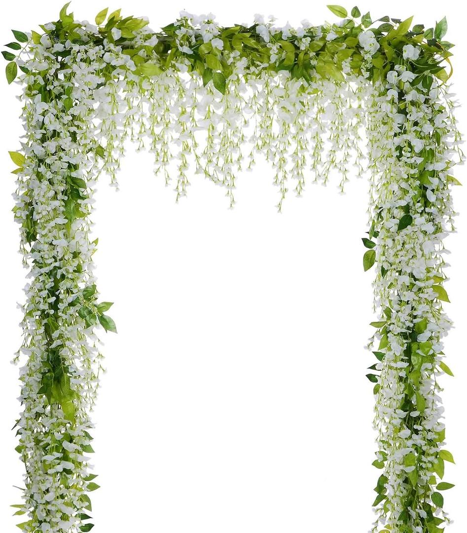 Lvydec Wisteria Artificial Flowers Garland, 4Pcs Total 28.8ft White Artificial Wisteria Vine Silk Hanging Flower for Home Garden Outdoor Ceremony Wedding Arch Floral Decor (White,green)
