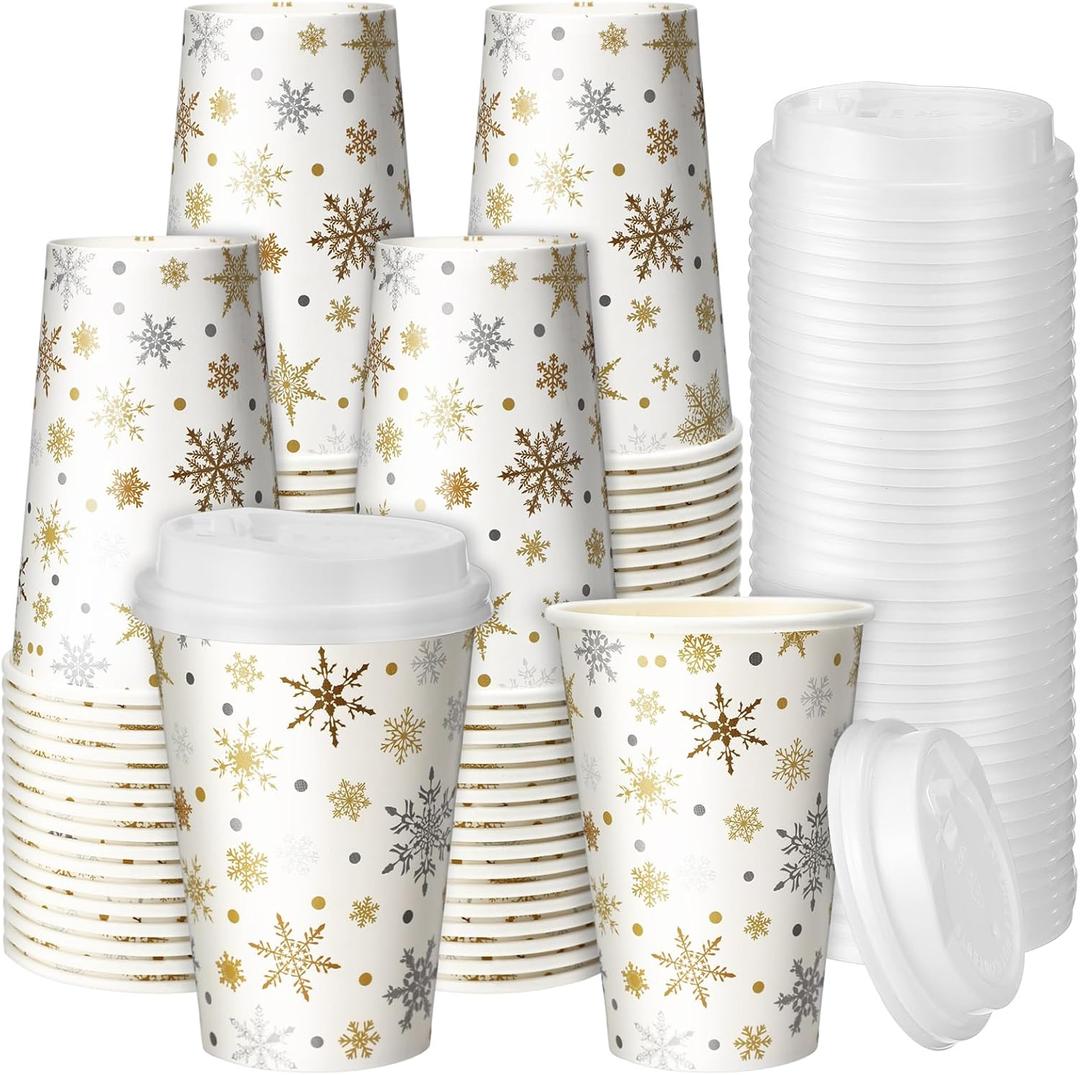 Snowflake Disposable Coffee Cups with Lids Hot Cold Beverage Coffee Cups for Winter Valentine's Day Christmas Party Tea Cafe Home Restaurant Picnic Drinking(240 Pcs,12 oz)